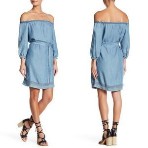 Paige Beatrice Off Shoulder Chambray Denim Mini Dress Blue sz S